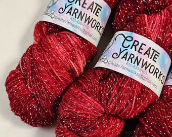 Ragin' Red in Silver Sparkle Superwash Merino Blend Fingering Weight Yarn