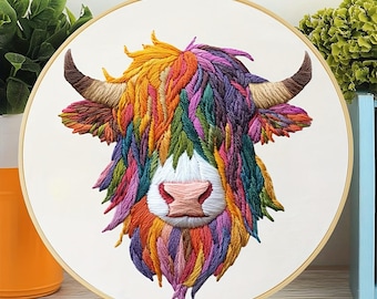 Highland Cow in Bright Colors Embroidery Kit