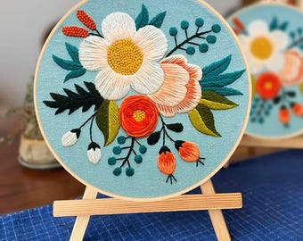 Flowers on Blue Embroidery Kit