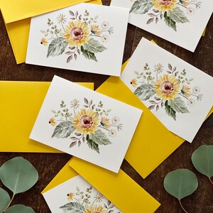 de voeux de tournesol |  Cartes de voeux tournesol | jaune Cartes de voeux faites main | Jeu de cartes de voeux | Aquarelle de tournesol | de remerciement |