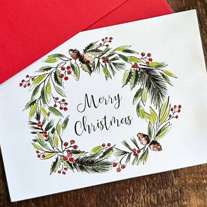 Cartes de voeux de Noël | Carte de couronne de Noël aquarelle | Couronne de NoëlJeu de cartes | Jeu de cartes aquarelle | | de remerciements |