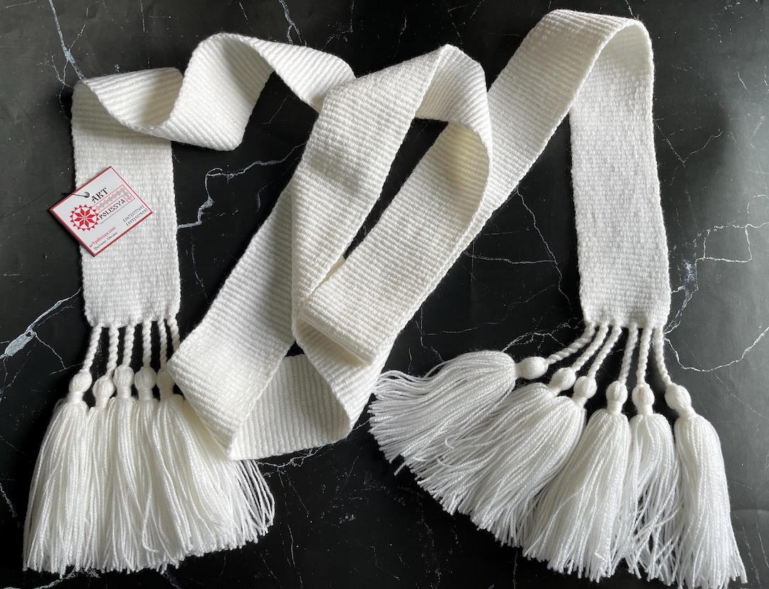 White Woven Belt Ivory Tasseled Handwoven Sash Slavic Pagan Trim Custom ...