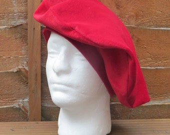 CAPPELLO Rievocazione ROSSO VELLUTO Medievale Tudor Grande Cappello Rotondo Basco Foderato In Cotone Teatro