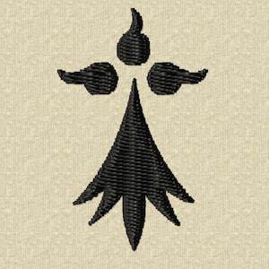 May include: Black embroidered design with a pointed, three-pronged bottom and a three-lobed top.