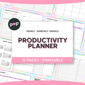 Puede incluir: Un planificador de productividad con un diseño de arcoíris. El planificador incluye páginas para la planificación anual, mensual y semanal. El texto "Productivity Planner" está en letras grandes y negritas. El texto "10 Pages - Printable" también está incluido.