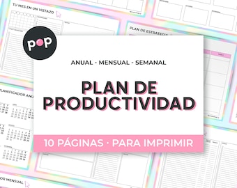 May include: A printable productivity planner with a pink and rainbow design. The planner includes sections for annual, monthly, and weekly planning. The text on the cover reads "Plan de Productividad" and "10 Páginas - Para Imprimir".