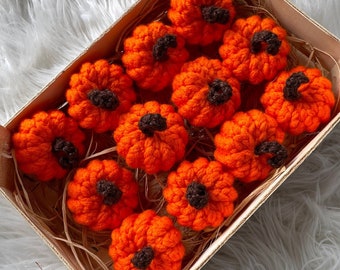 Neon Orange Mini Pumpkins, Fall Ornaments, Halloween Decor, Knit Pumpkin