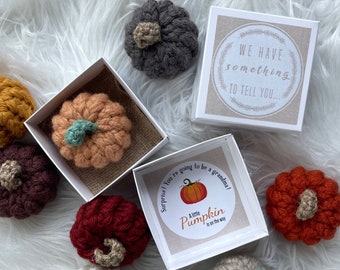 May include: A white box with a brown label that says "We have something to tell you..." and a smaller white box with a sticker that says "Surprise! You're going to be a grandma! A little Pumpkin is on the way."  The boxes are surrounded by crocheted pumpkins in various colors, including orange, brown, gray, and white.
