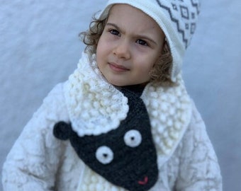 Crochet Kids Scarf, Icelandic Sheep, Toddler Scarf, Animal Scarf, Kids Neck Warmer, Black Sheep, Farm Animals, Icelandic Gifts