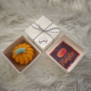 May include: Two white gift boxes with lids. One box contains a small crocheted orange pumpkin with a green stem. The other box contains a card with a red pumpkin illustration and the text "A little Pumpkin is on the way!"