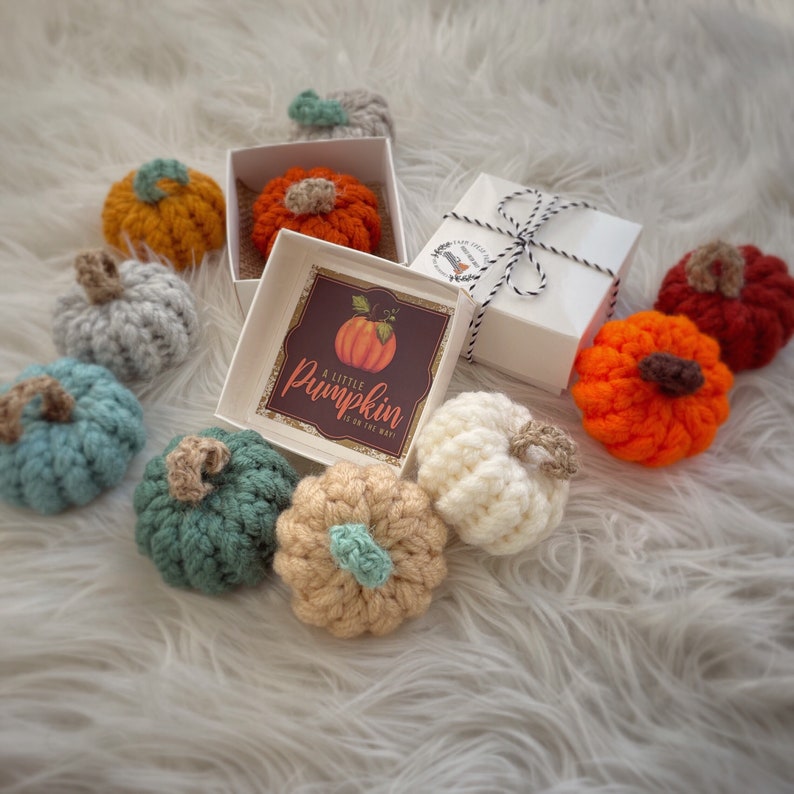 May include: A set of nine crocheted pumpkins in various colours, including orange, white, grey, and teal. The pumpkins are arranged in a circle around a small white box with a gift tag that reads "A little pumpkin is on the way".