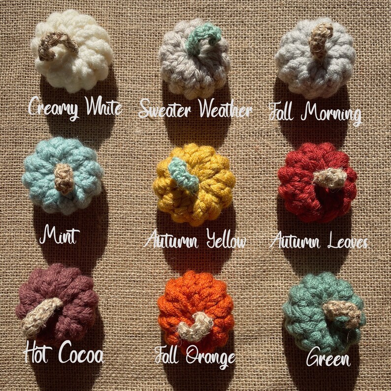 May include: Nine crocheted pumpkins in various colors, including creamy white, sweater weather, fall morning, mint, autumn yellow, autumn leaves, hot cocoa, fall orange, and green. The pumpkins are arranged in a grid on a burlap background.