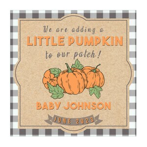 May include: A brown and white checkered background with a tan label. The label has the text "We are adding a LITTLE PUMPKIN to our patch!" with a drawing of three pumpkins. The label also has the text "BABY JOHNSON JUNE 2023".