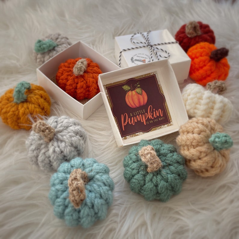 May include: A collection of crocheted pumpkins in various colours, including orange, grey, beige, teal, and white. The pumpkins are arranged on a white fluffy surface with a small card that reads "A little pumpkin is on the way".