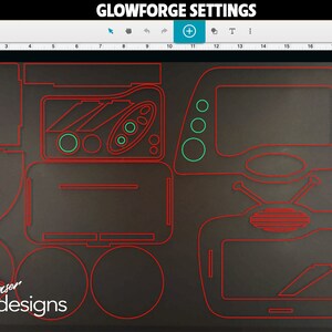 May include: A digital design for a laser cut retro television set. The design includes the television, a remote control, and several circular pieces. The design is outlined in red on a dark gray background. The text "bigbluedesigns" is visible in the lower left corner of the design.