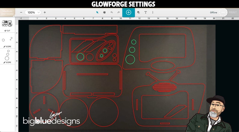 May include: A digital design for a laser cut retro television set. The design includes the television, a remote control, and several circular pieces. The design is outlined in red on a dark gray background. The text "bigbluedesigns" is visible in the lower left corner of the design.