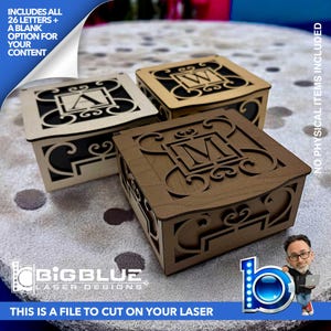 May include: Three wooden laser-cut boxes with decorative scrollwork and personalized letter designs. The boxes are in shades of light brown, medium brown, and tan. The image includes the text: "INCLUDES ALL 26 LETTERS + A BLANK OPTION FOR YOUR CONTENT".