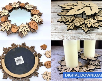 May include: A wooden autumn-themed wreath with leaves and acorns, featuring a round mirror in the center. The wreath is made of laser-cut wood and comes in multiple pieces for assembly. The wreath can also be used as a candle holder.