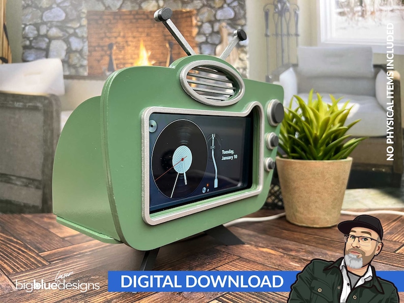 May include: A green retro-style TV stand with a phone screen inside. The stand has a silver trim and a wooden base. The phone screen shows a clock and the date "Tuesday, January 10".