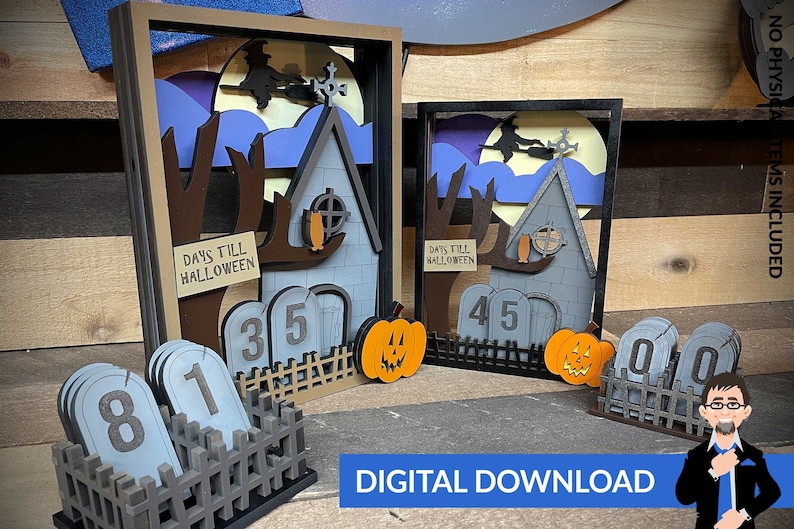 May include: A digital download for a Halloween countdown with a spooky house, a witch flying on a broomstick, a moon, and a graveyard with tombstones. The tombstones have numbers on them that can be flipped to count down the days until Halloween. The text "DAYS TILL HALLOWEEN" is on a sign hanging from a tree.