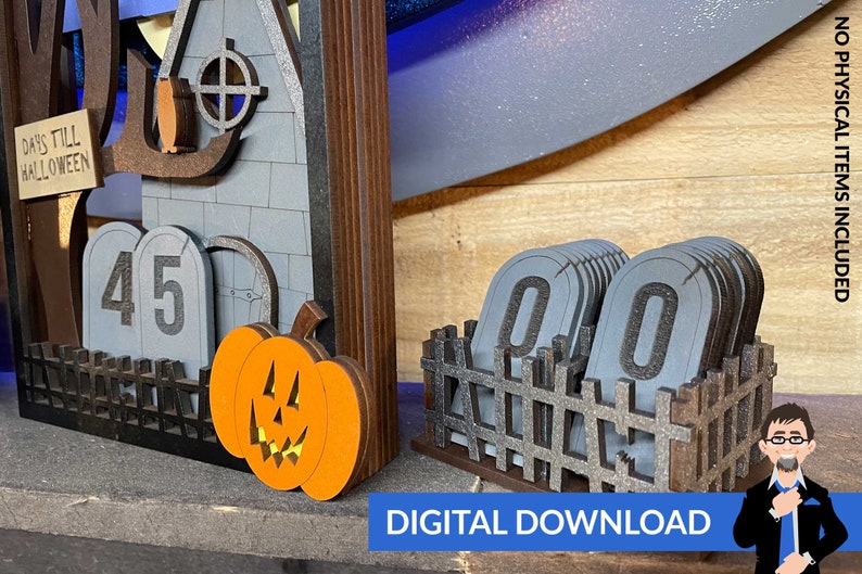 May include: A wooden Halloween countdown calendar with a haunted house, a pumpkin, and a fence. The calendar has a digital display that shows the number of days until Halloween. The display shows "45" days until Halloween. The calendar also includes a set of numbers that can be used to change the display. The numbers are in a fence-like holder. The numbers are "00".