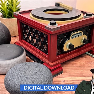 May include: A red wooden vintage-style record player with a black turntable and gold accents. The record player has a radio dial and two knobs. The record player is sitting on a wooden surface with two grey smart speakers.