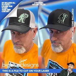 May include: A digital design file for a laser cut trucker hat patch featuring a Bigfoot silhouette holding a sign that says "OK". The design comes in two versions: outline and filled. The design is shown on a black trucker hat with a white mesh back.