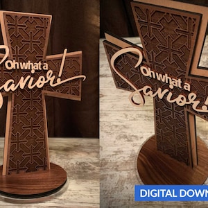 Engraved 2-Layer Cross with Layered Base - SVG Laser-Ready Cut File - INSTANT DOWNLOAD