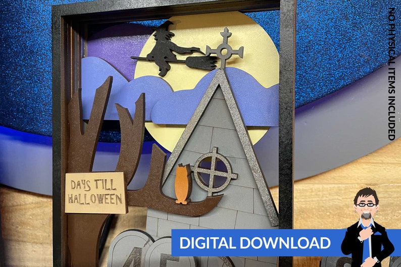 May include: A digital download of a Halloween countdown shadow box with a witch flying on a broomstick, a spooky house, and an owl. The countdown is set to 45 days until Halloween.