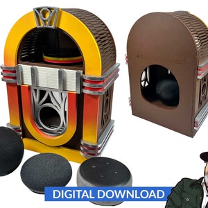 Op de afbeelding: Een digitale download van een retro jukebox-ontwerp in bruin, geel, rood en zilver. De afbeelding toont de jukebox met een luidspreker erin en verschillende slimme luidsprekers. De tekst "DIGITALE DOWNLOAD" is zichtbaar.