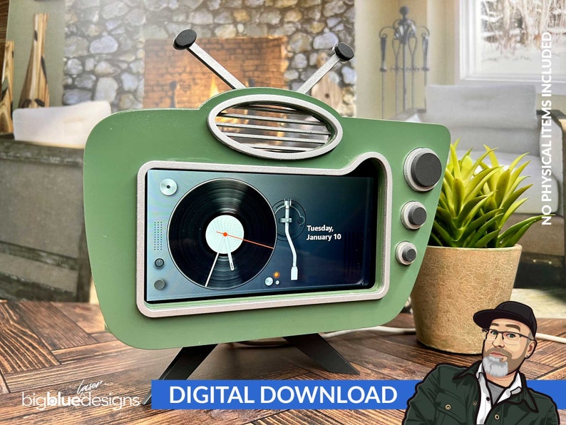 May include: A green retro-style television stand with a digital clock and a record player design. The stand has a black base and a white screen with the text "Tuesday, January 10".