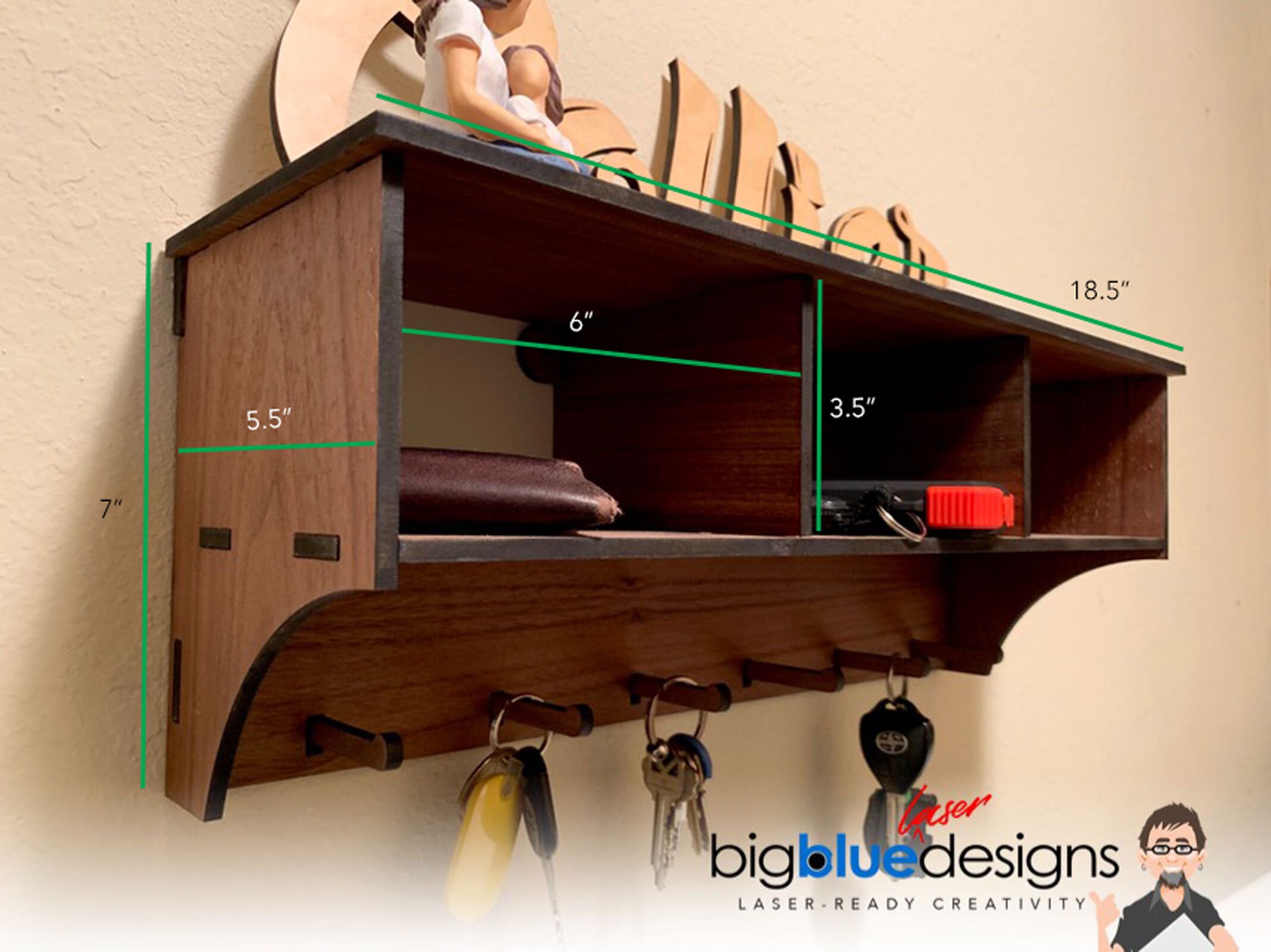 Wall Shelf With Cubbies and Key Holders 18.5 X 7 Etsy