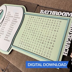 May include: A green and white printable word search puzzle with the word "BATHROOM" at the top. The puzzle is shaped like a toilet roll with a list of bathroom-related words on the left side. The words are: aim, bathe, bathroom, brush, bubbles, clean, comb, dirty, flush, john, lather, makeup, mens, primp, relax, rinse, scrub, shampoo, shave, shower, smelly, soap, tinkle, tissue, toilet, towel, wash, wipe, womens.