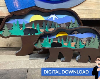Layered Bear Scene--  Ai, SVG, PDF, DXF Formats - Digital Download Only - No Physical Items Included