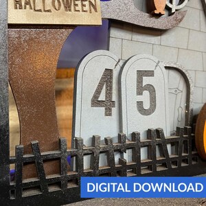 May include: A digital download of a Halloween-themed SVG file featuring a spooky house with a fence, two tombstones with the numbers 4 and 5, a pumpkin, and a sign that says "HALLOWEEN".