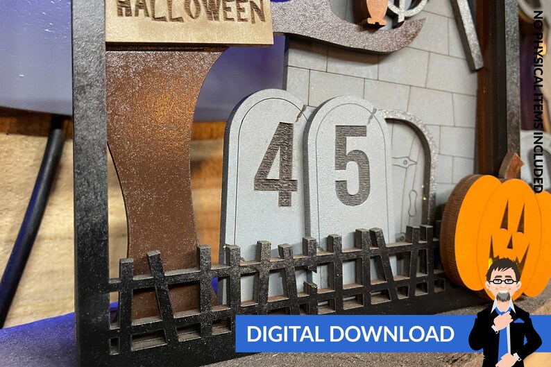 May include: A digital download of a Halloween-themed SVG file featuring a spooky house with a fence, two tombstones with the numbers 4 and 5, a pumpkin, and a sign that says "HALLOWEEN".