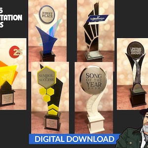 May include: Set of six digital download printable presentation award templates. The awards feature a variety of designs, including a first place award, a lifetime achievement award, a song of the year award, and a symbol of success award. The awards are all in black and white with gold accents.