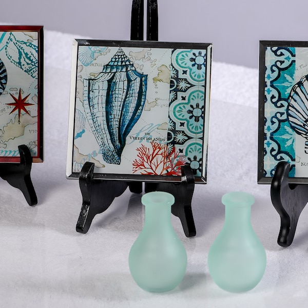 Set of Three Mini Mirrored Glass Wall Tiles. Set of Two Mini Glass Vases also included.