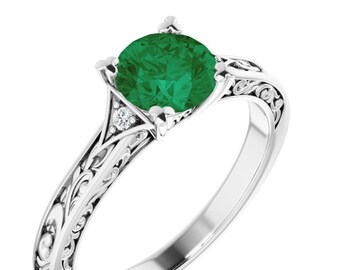 Anillo de compromiso Woodland Emerald de oro blanco de 14k, anillo de esmeralda verde con filigrana, anillo de diamantes y esmeralda inspirado en la naturaleza, anillo de piedra natal de mayo Twig