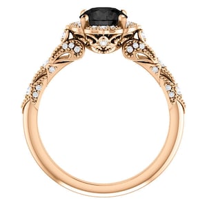Vintage Floral Black Diamond Engagement Ring 14k Rose Gold, Victorian Flower Black Diamond Ring, Art Nouveau Black Onyx Ring, Antique Ring