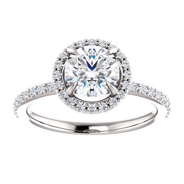 Halo Lab Grown Diamond Engagement Ring Platinum, Edwardian Lab Created Diamond Ring, Dainty Lab Diamond Ring, Halo Round Diamond Pave Ring