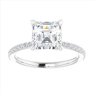 Dainty Forever One Asscher Moissanite Engagement Ring Platinum, Thin Band Charles Colvard Asscher Moissanite Ring, Assher Diamond Pave Ring