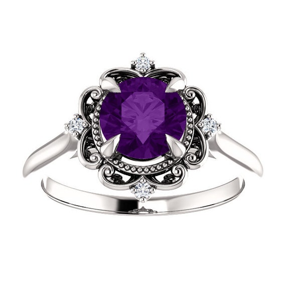 Vintage Amethyst Ring 14k White Gold Ring, Halo Filigree Natural Amethyst Diamond Ring, Victorian Purple Amethyst Ring, Sculptural Ring