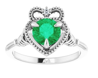 Claddagh Genuine Emerald Engagement Ring 14k White Gold, Trinity Green Emerald Ring, Irish Chatham Emerald Bridal Ring, May Birthstone Ring