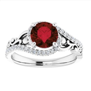 Bague diamant grenat inspirée de la sculpture or blanc 14 carats, bague de fiançailles grenat naturel art déco, bague grenat rouge déco vintage, bague parchemin