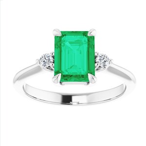 Minimalist Emerald Shape Genuine Emerald Engagement Ring 14k White Gold, Three Stone Chatham Emerald Ring, Dainty Emerald Diamond Ring