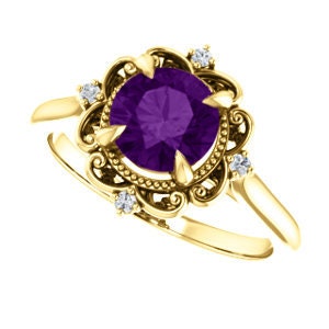 May include: A gold ring featuring a large purple amethyst gemstone set within a delicate floral design, accented by four smaller diamonds.