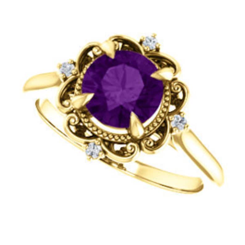 May include: A gold ring featuring a large purple amethyst gemstone set within a delicate floral design, accented by four smaller diamonds.