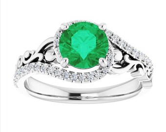 Anillo de esmeralda con diseño de pergamino en platino, anillo de compromiso de esmeralda verde esculpida, anillo de diamantes y esmeralda Art Nouveau, anillo de piedra natal de mayo para el 35 aniversario.