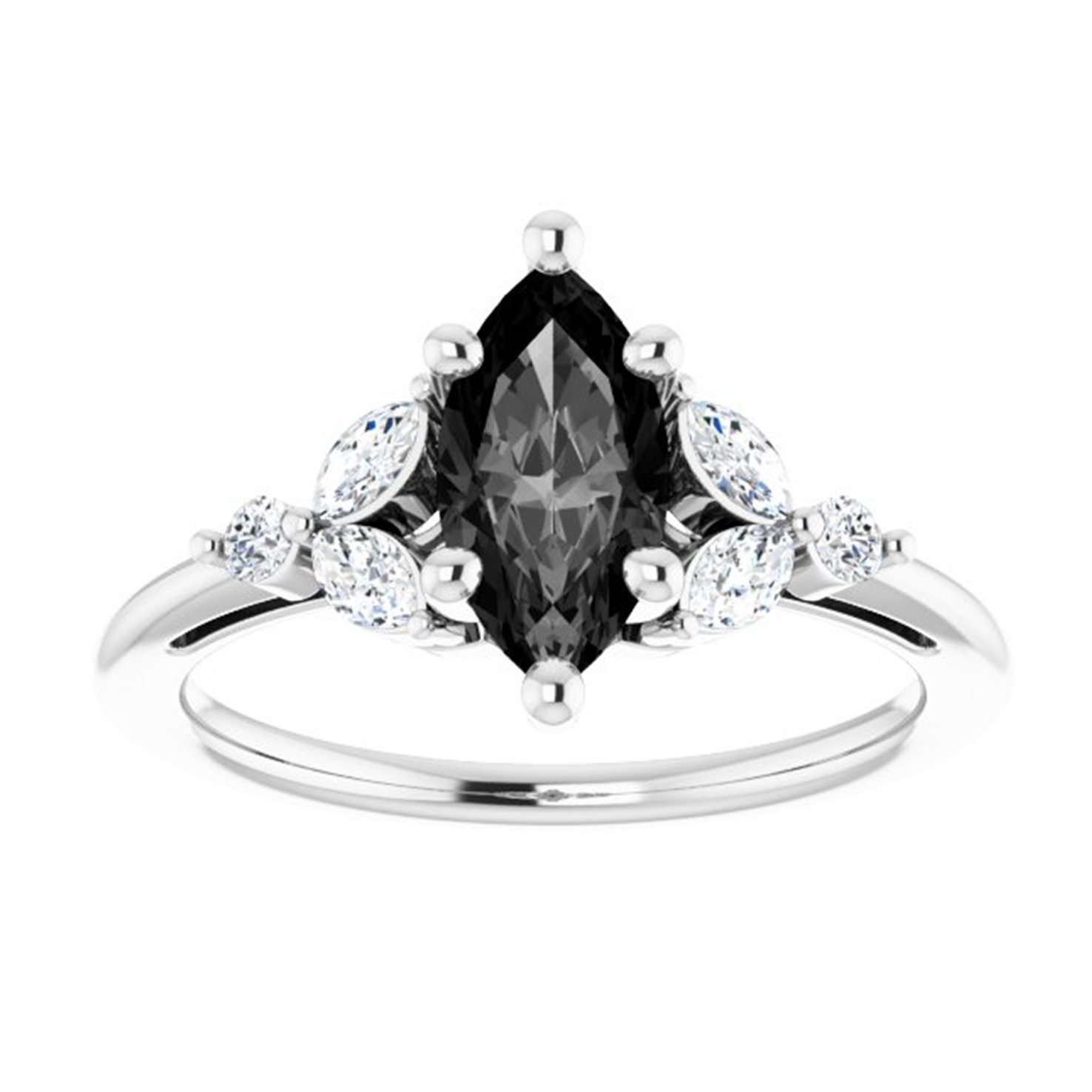 Black Diamond Marquise Engagement Ring 14k White Gold, Trillium Marquise Shape Black Onyx Ring, Elvin Marquise Black Moissanite Ring, Sopia